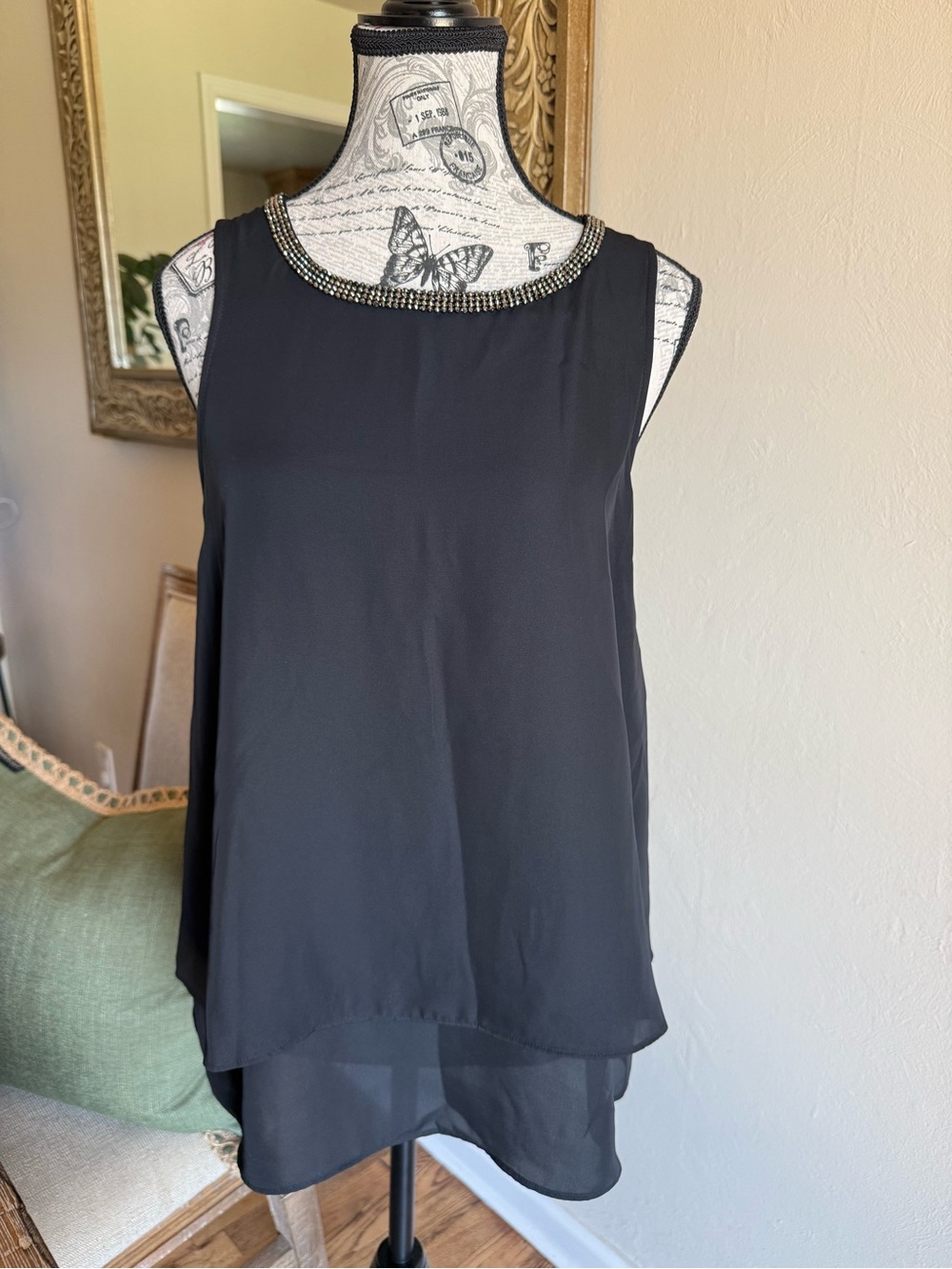 Juicy Couture Black Beaded-Neck Layered Chiffon Camisole